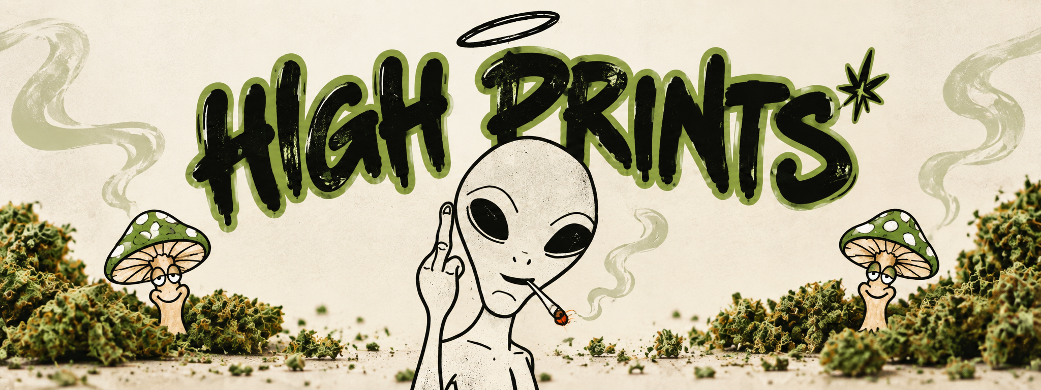 High Prints artwork with an alien and mushrooms